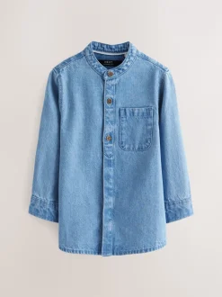 Blauwe denim - 100% katoenen overhemd met lange mouwen en opa-kraag van denim (3mnd-7jr)