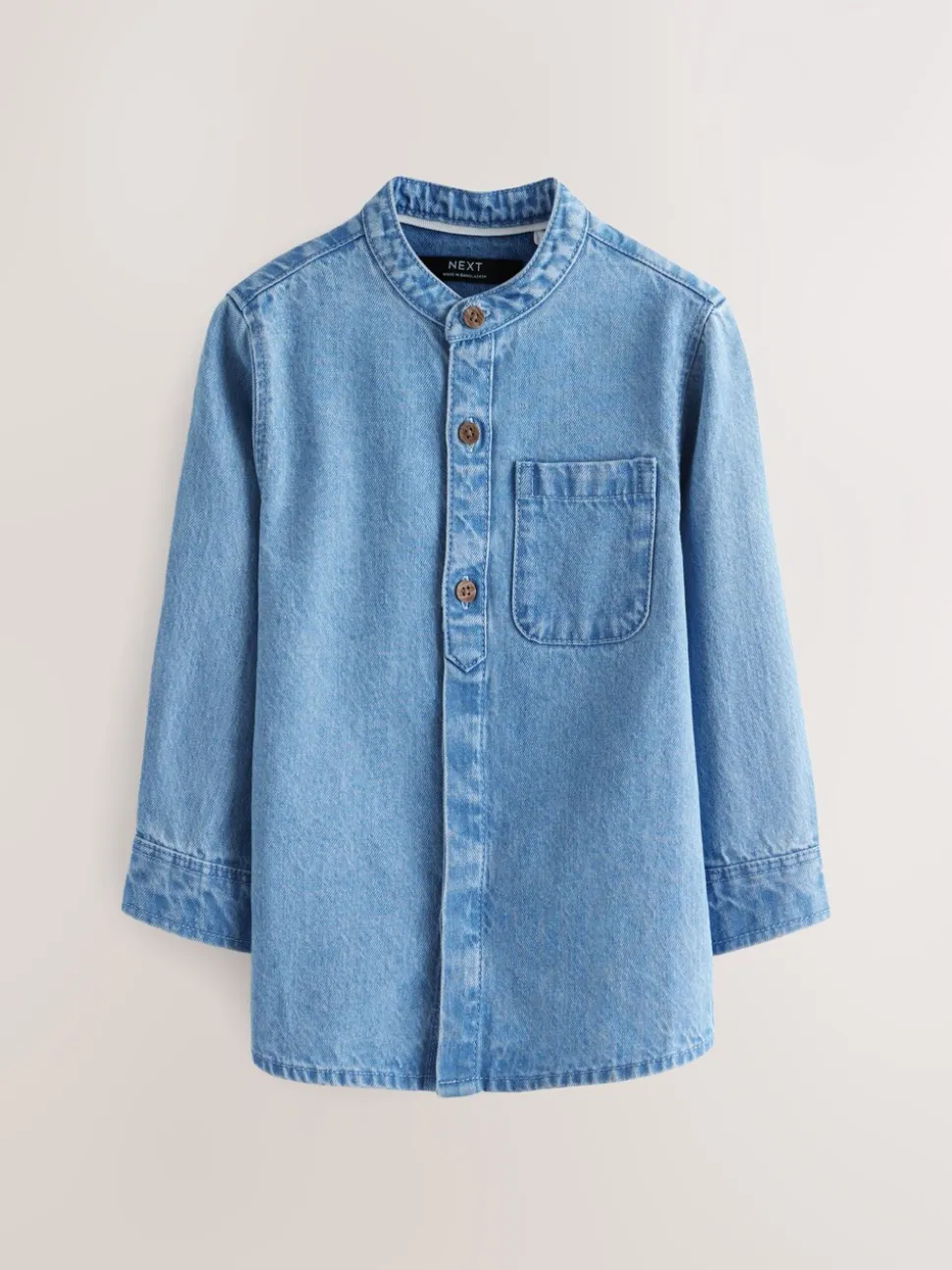 Blauwe denim - 100% katoenen overhemd met lange mouwen en opa-kraag van denim (3mnd-7jr)