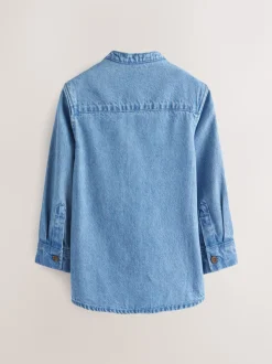 Blauwe denim - 100% katoenen overhemd met lange mouwen en opa-kraag van denim (3mnd-7jr)