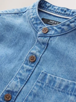 Blauwe denim - 100% katoenen overhemd met lange mouwen en opa-kraag van denim (3mnd-7jr)
