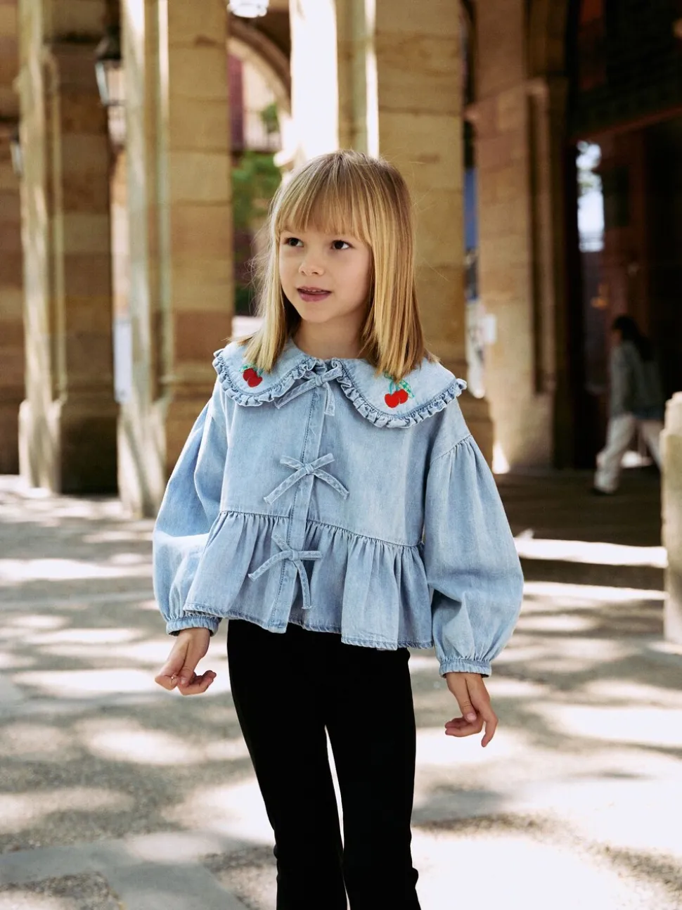 Blauwe denim - Blouse met lange mouwen en kraag (3-16jr)