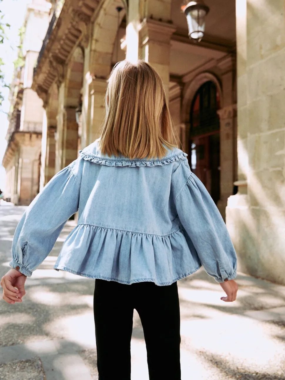 Blauwe denim - Blouse met lange mouwen en kraag (3-16jr)