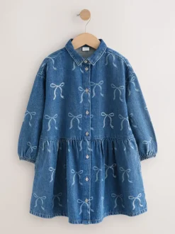 Blauwe denim - Strik Diamanté Overhemdjurk (3-16jr)