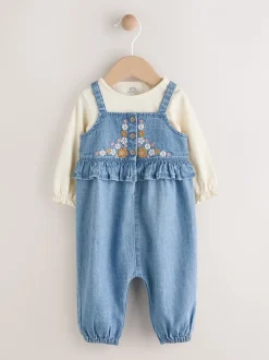 Blauwe geborduurde Denim - Babyset van bodysuit met lange mouwen & bretelbroek (0mnd -2jr)