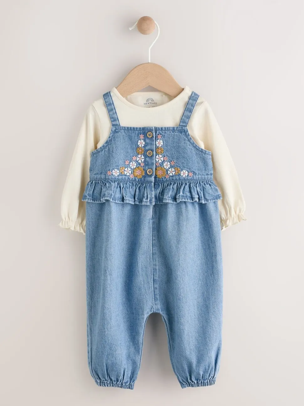 Blauwe geborduurde Denim - Babyset van bodysuit met lange mouwen & bretelbroek (0mnd -2jr)