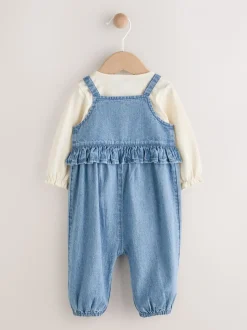 Blauwe geborduurde Denim - Babyset van bodysuit met lange mouwen & bretelbroek (0mnd -2jr)