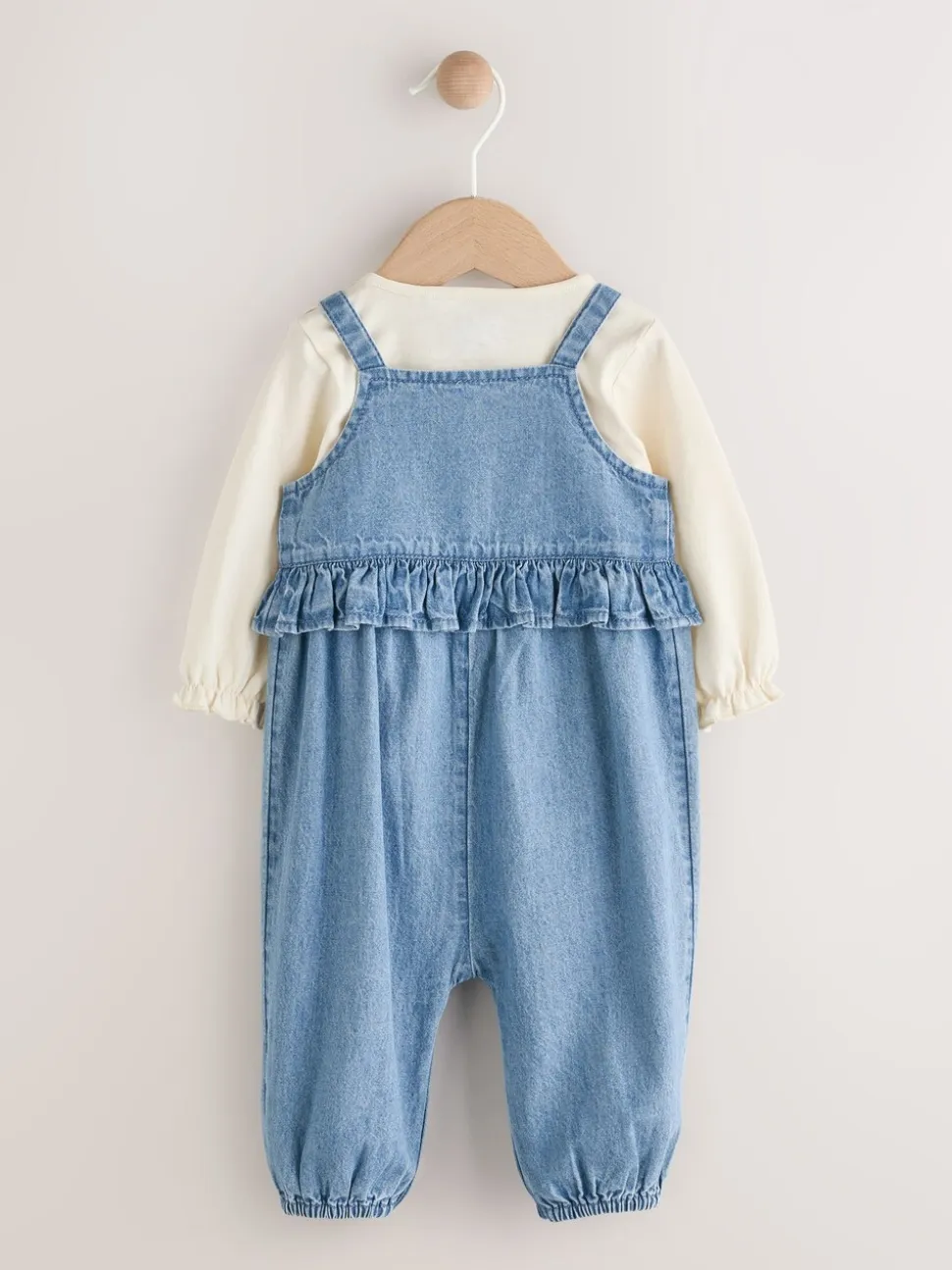 Blauwe geborduurde Denim - Babyset van bodysuit met lange mouwen & bretelbroek (0mnd -2jr)