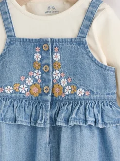 Blauwe geborduurde Denim - Babyset van bodysuit met lange mouwen & bretelbroek (0mnd -2jr)