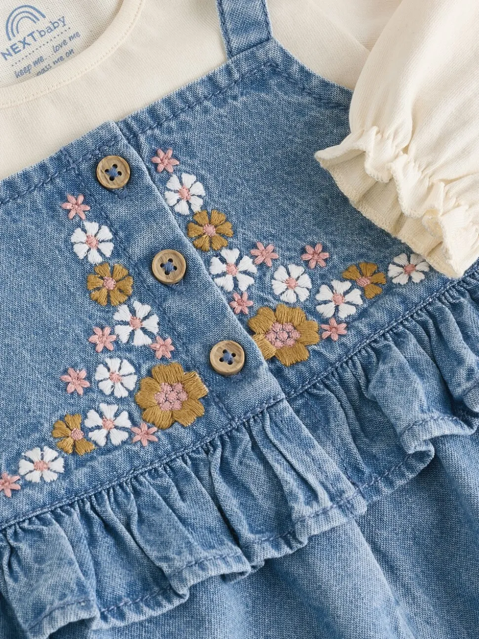 Blauwe geborduurde Denim - Babyset van bodysuit met lange mouwen & bretelbroek (0mnd -2jr)