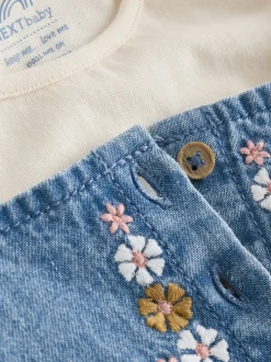Blauwe geborduurde Denim - Babyset van bodysuit met lange mouwen & bretelbroek (0mnd -2jr)