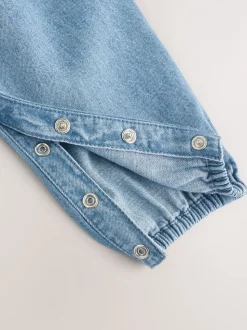 Blauwe geborduurde Denim - Babyset van bodysuit met lange mouwen & bretelbroek (0mnd -2jr)