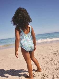 Blauwe gingham-ruit met print - Lettuce Edge Swimsuit (3mths-7yrs)