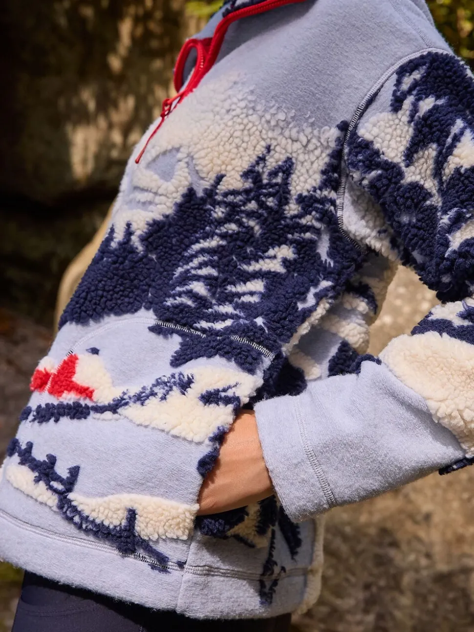 Blauwe grafische winterlandschap - Soft Touch Knusse Teddy Borg Kwartrondrits Fleece