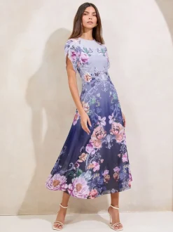 Blauwe print - Lipsy ombré midi-jurk met bloemenprint, tulpmouwen en fit en flare-model