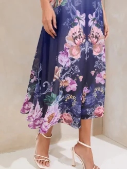 Blauwe print - Lipsy ombré midi-jurk met bloemenprint, tulpmouwen en fit en flare-model