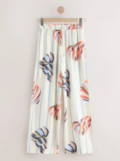 Blauw/ecru - Pull On Wide Leg Trousers With Linen