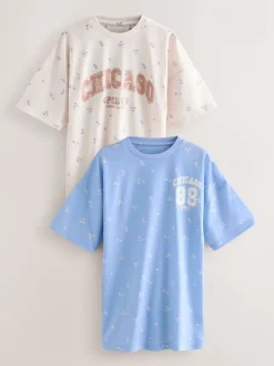 Blauw/ecru Chicago-print - Set van 2 nachthemden (3-16 jr)