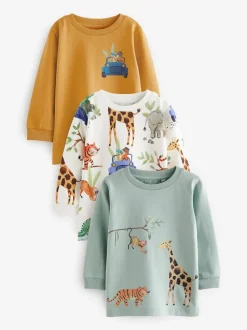 Blauw/geel safari - T-shirts met lange mouwen en dierenfiguurprint verpakking van 3 (3 mnd - 7 jr)