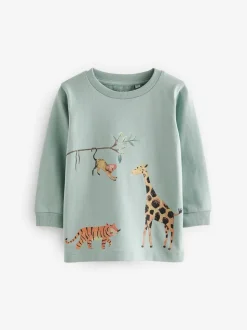 Blauw/geel safari - T-shirts met lange mouwen en dierenfiguurprint verpakking van 3 (3 mnd - 7 jr)
