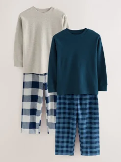 Blauw/grijs - Set van 2 geweven geruite pyjama's met lange mouwen (3-16jr)