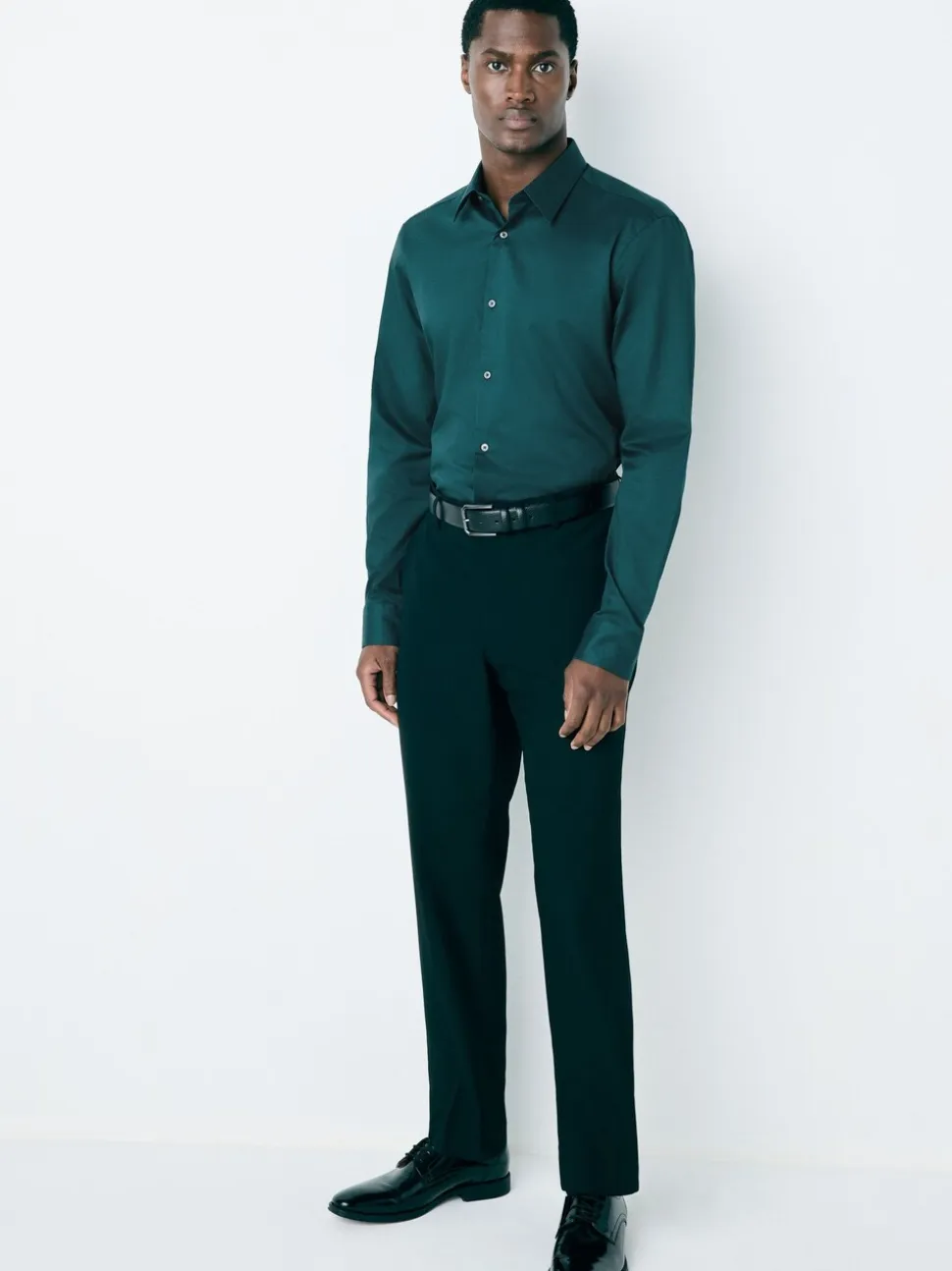 Blauwgroen - Normale Pasvorm - Onderhoudsvriendelijk, getextureerd, slim fit overhemd met enkele manchet