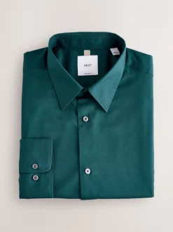 Blauwgroen - Normale Pasvorm - Onderhoudsvriendelijk, getextureerd, slim fit overhemd met enkele manchet
