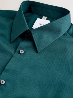 Blauwgroen - Normale Pasvorm - Onderhoudsvriendelijk, getextureerd, slim fit overhemd met enkele manchet