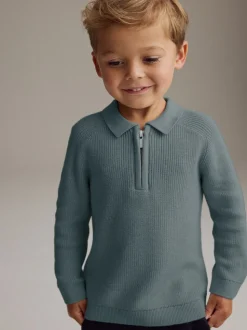 Blauwgroen - Poloshirt met lange mouwen en kwartrits (3mnd-7jr)