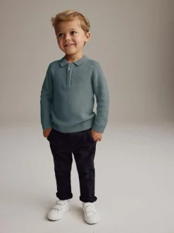 Blauwgroen - Poloshirt met lange mouwen en kwartrits (3mnd-7jr)