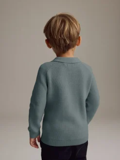 Blauwgroen - Poloshirt met lange mouwen en kwartrits (3mnd-7jr)