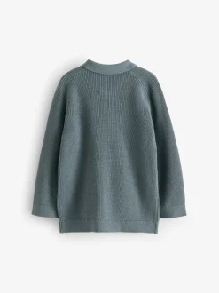 Blauwgroen - Poloshirt met lange mouwen en kwartrits (3mnd-7jr)
