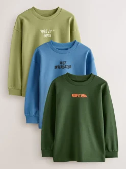 Blauw/groen met grafische print - Verpakking van 3 ruimvallende zware T-shirts met lange mouwen (3-16jr)