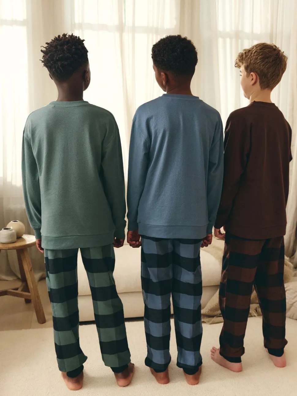 Blauw/Groen/Bruin - Verpakking van 3 geweven geruite pyjama's (3-16 jr)
