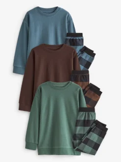 Blauw/Groen/Bruin - Verpakking van 3 geweven geruite pyjama's (3-16 jr)