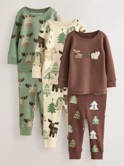 Blauwgroen/ecru Animal - Verpakking van 3 knusse pyjama's (9 mnd-8 jr)
