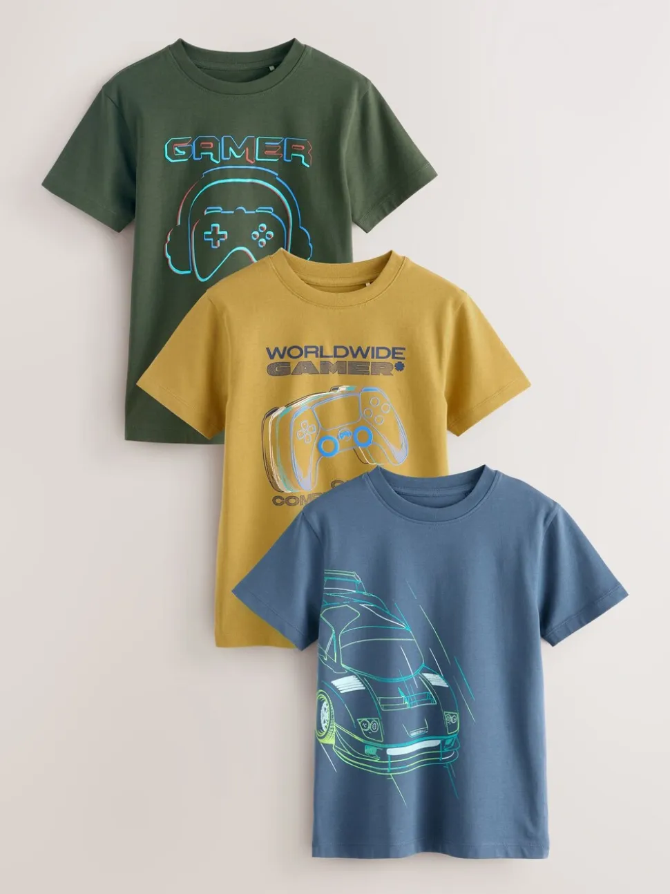 Blauw/groen/geel - Regular fit T-shirts met grafische print en korte mouwen 3 stuks (3-16jr)