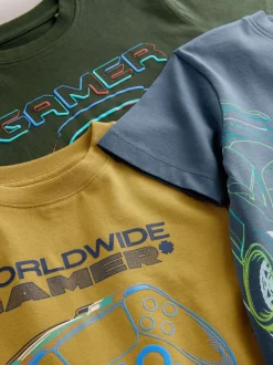 Blauw/groen/geel - Regular fit T-shirts met grafische print en korte mouwen 3 stuks (3-16jr)