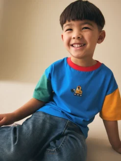 Blauw/groen/gele graafmachine - T-shirt met korte mouwen en kleurblokken (3mnd-7jr) (3mnd-7jr)