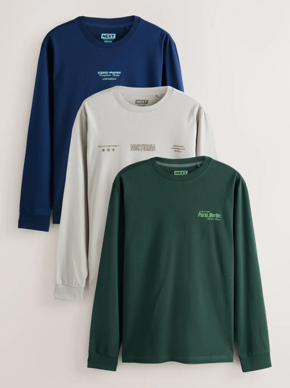 Blauw/Groen/Kiezelkleurig - Relaxed Fit Long Sleeve Graphic Multipack T-Shirt