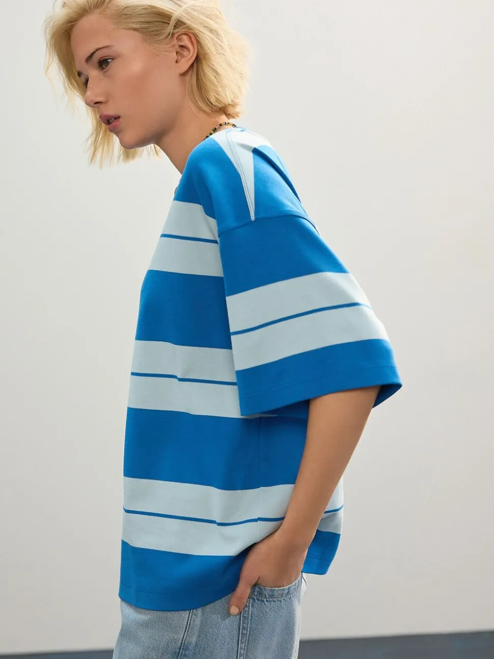 Blauw/lichtblauw - Boxy oversized T-shirt met relaxte pasvorm van zware stof en ronde hals