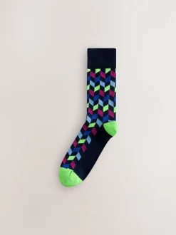 Blauw/oranje - Set van 8 sokken met patroon