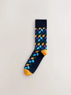 Blauw/oranje - Set van 8 sokken met patroon