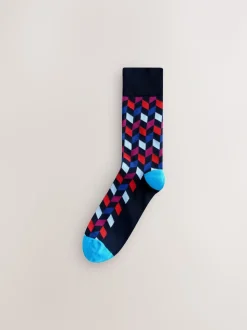 Blauw/oranje - Set van 8 sokken met patroon