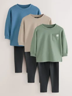 Blauw/pastelgeel/groen - Set van 3 lange mouwen top en legging (3mnd -7jr)