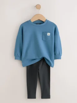 Blauw/pastelgeel/groen - Set van 3 lange mouwen top en legging (3mnd -7jr)