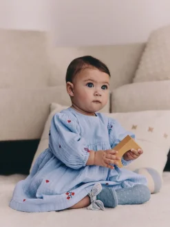 Blauw/rood - Baby Long Sleeve Embroidered Dress (0mths-2yrs)