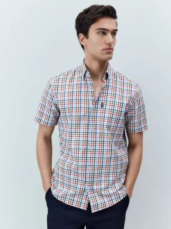 Blauw/rood geruit - Strijvrij Oxford overhemd met korte mouwen en knopen