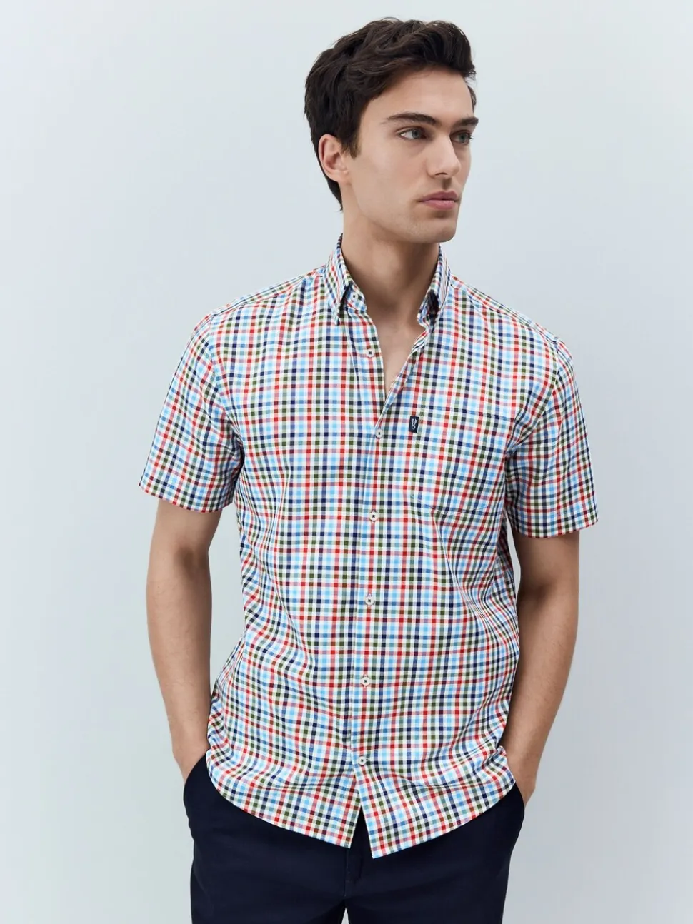 Blauw/rood geruit - Strijvrij Oxford overhemd met korte mouwen en knopen