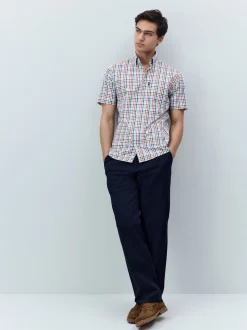 Blauw/rood geruit - Strijvrij Oxford overhemd met korte mouwen en knopen