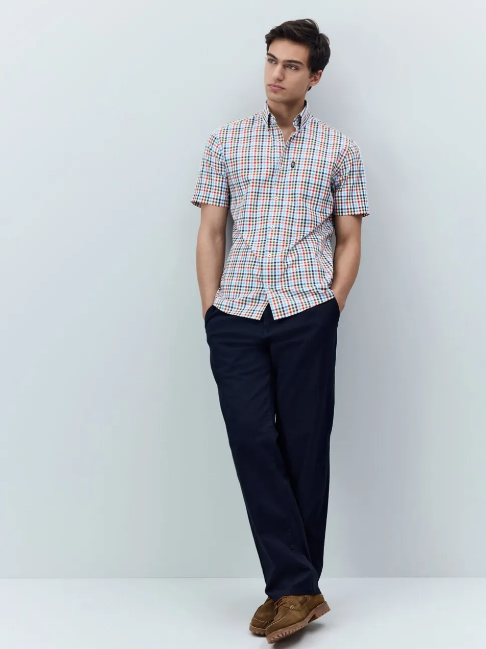 Blauw/rood geruit - Strijvrij Oxford overhemd met korte mouwen en knopen